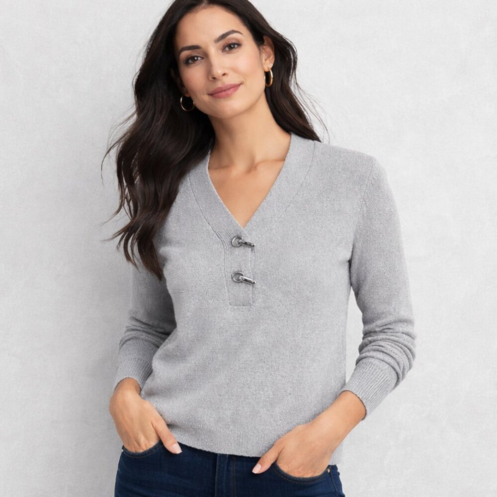 Charter Club Silver Metallic V-Neck Toggle Sweater PM NWOT - Picture 3 of 10